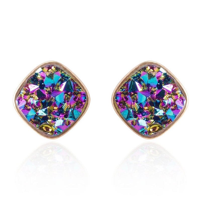 BaubleStar Druzy Stud Earrings Delicate Square Resin Mineral Rock Stone Ear Studs Jewelry for Women - Image 1